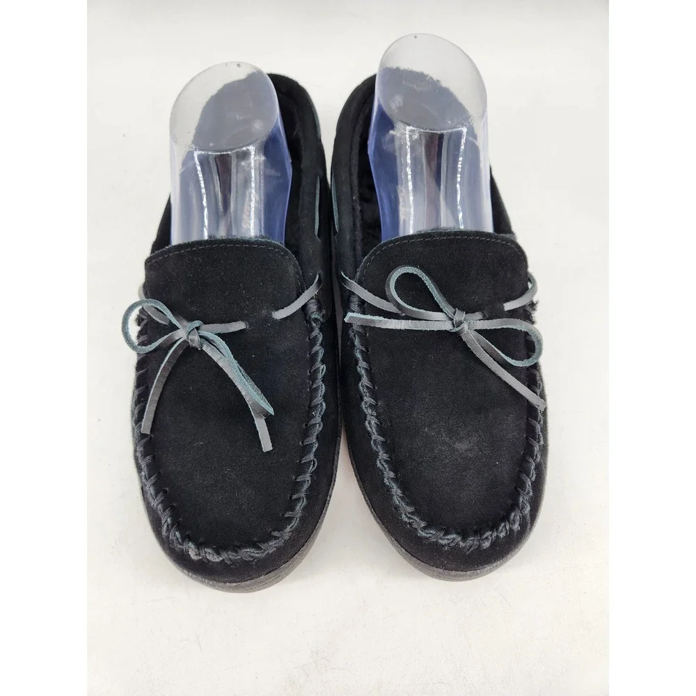 Clarks Moccasin Slippers Mens 9M Black Leather Suede Faux Fur Lined 22SH-011